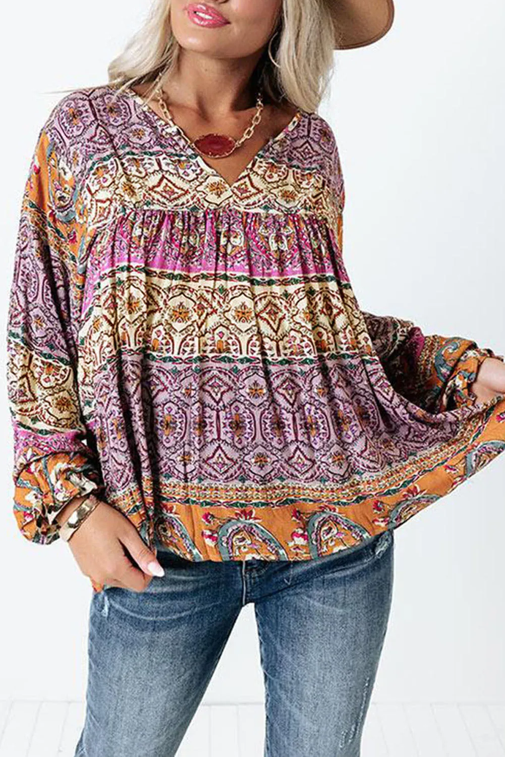 Multicolor Boho Print V Neck Bubble Sleeve Blouse