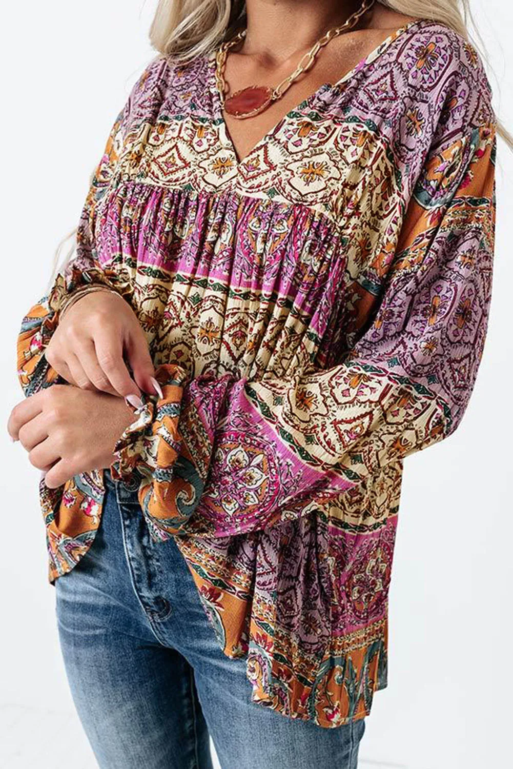 Multicolor Boho Print V Neck Bubble Sleeve Blouse