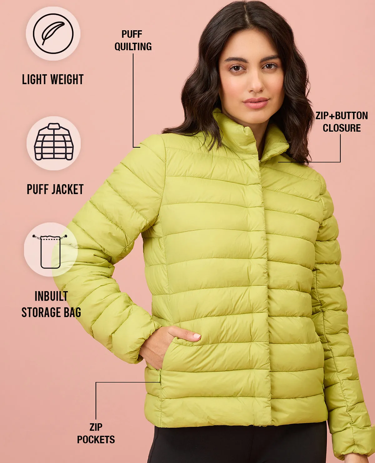 NYKD By Nykaa Ultra Light Weight Puffer Jacket with Inbuilt Bag (Set of 2)-NYAT405-Green