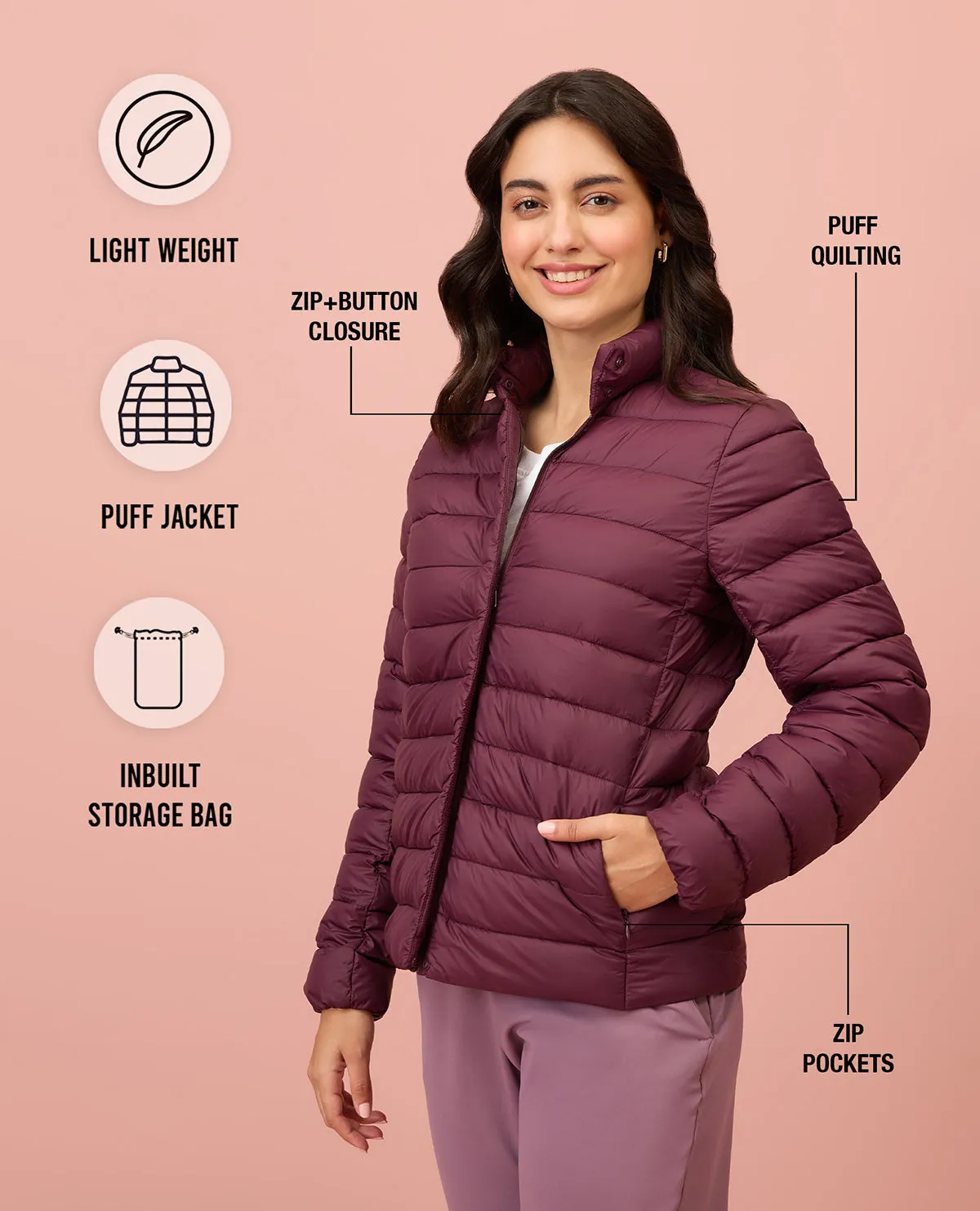 NYKD By Nykaa Ultra Light Weight Puffer Jacket with Inbuilt Bag (Set of 2)-NYAT405-Wine