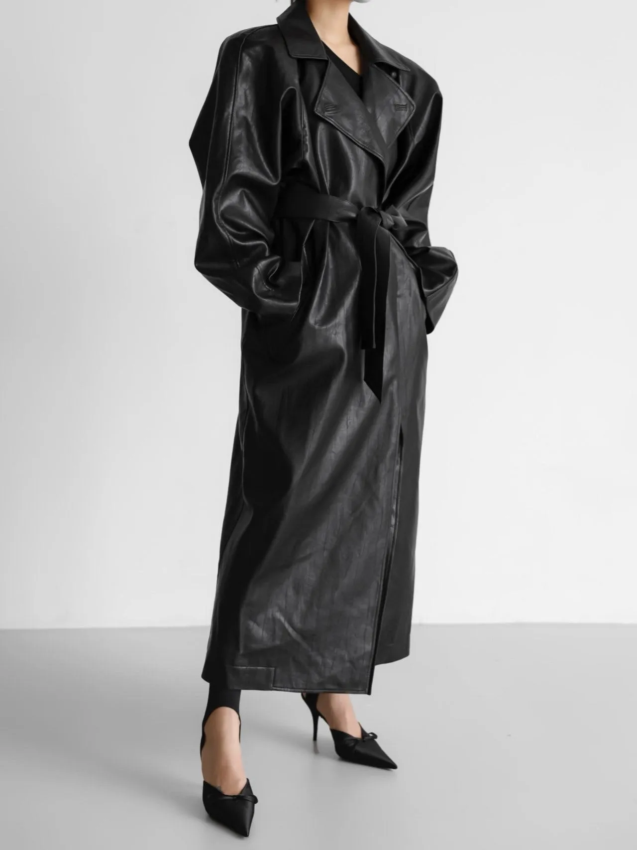 PADDED SHOULDER VEGAN LEATHER TRENCH COAT