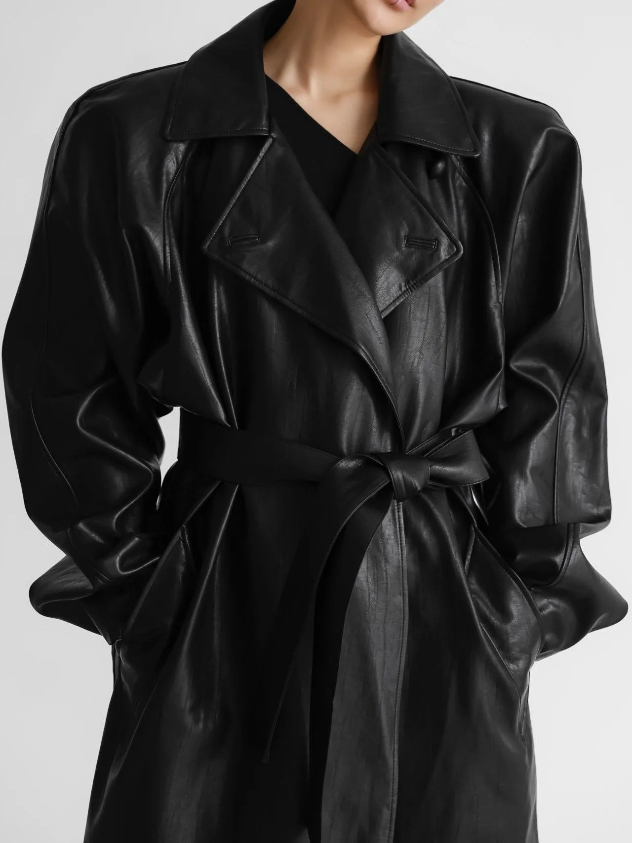 PADDED SHOULDER VEGAN LEATHER TRENCH COAT