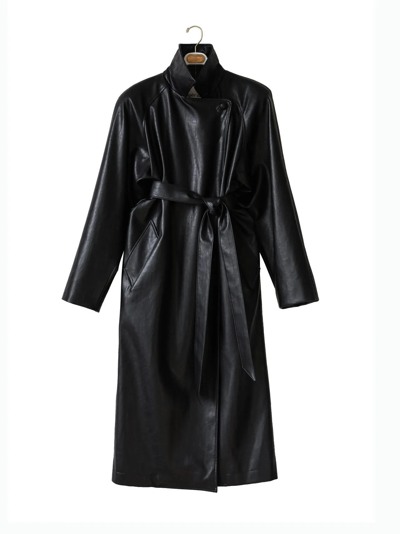 PADDED SHOULDER VEGAN LEATHER TRENCH COAT