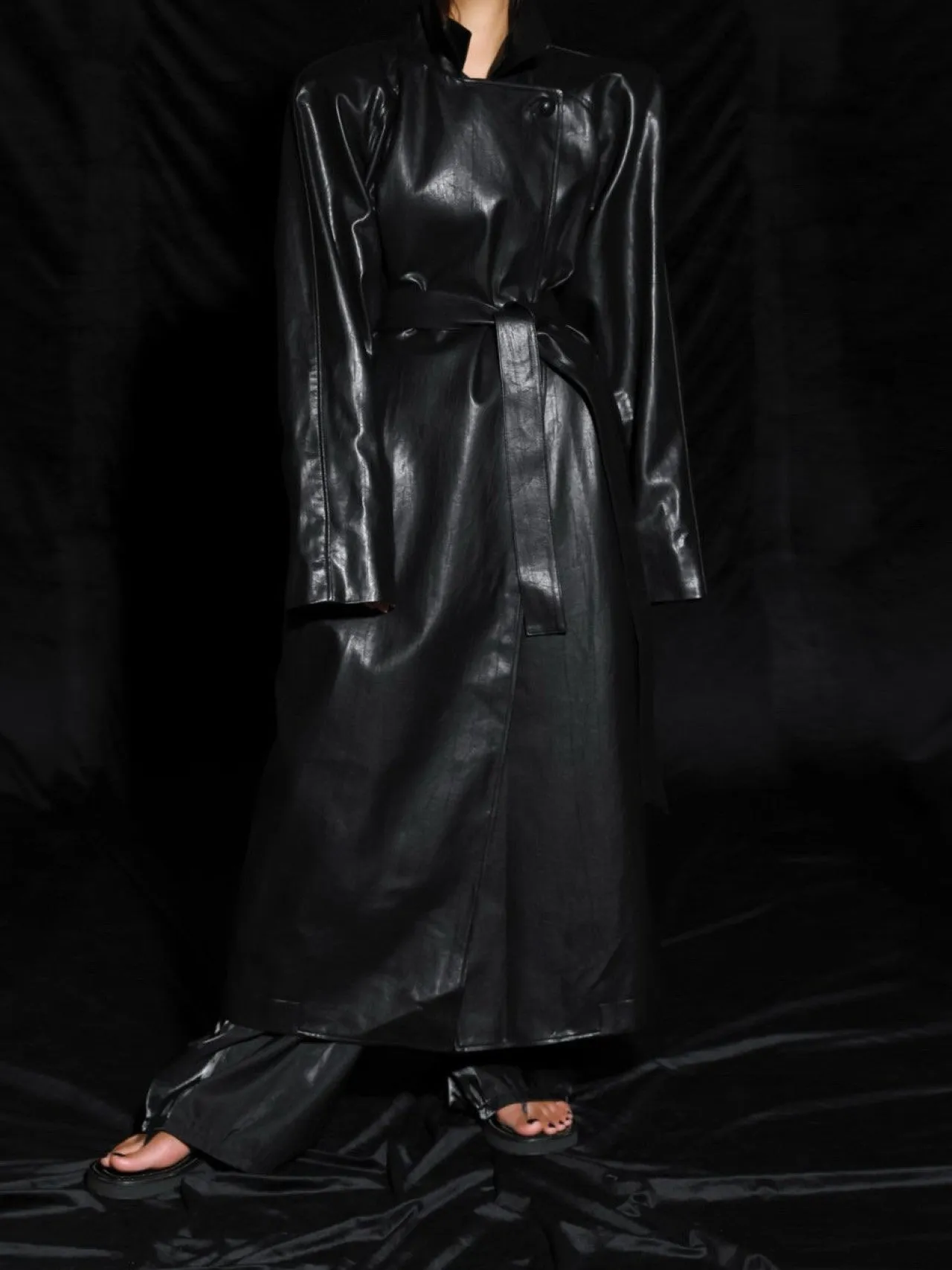 PADDED SHOULDER VEGAN LEATHER TRENCH COAT