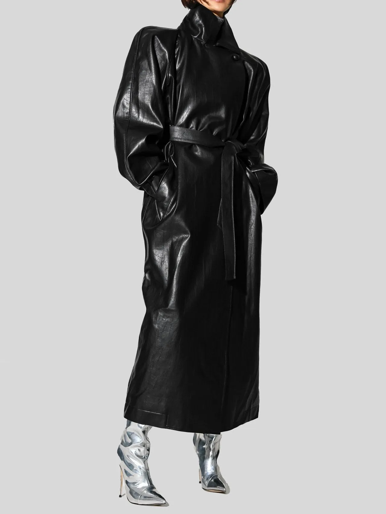 PADDED SHOULDER VEGAN LEATHER TRENCH COAT