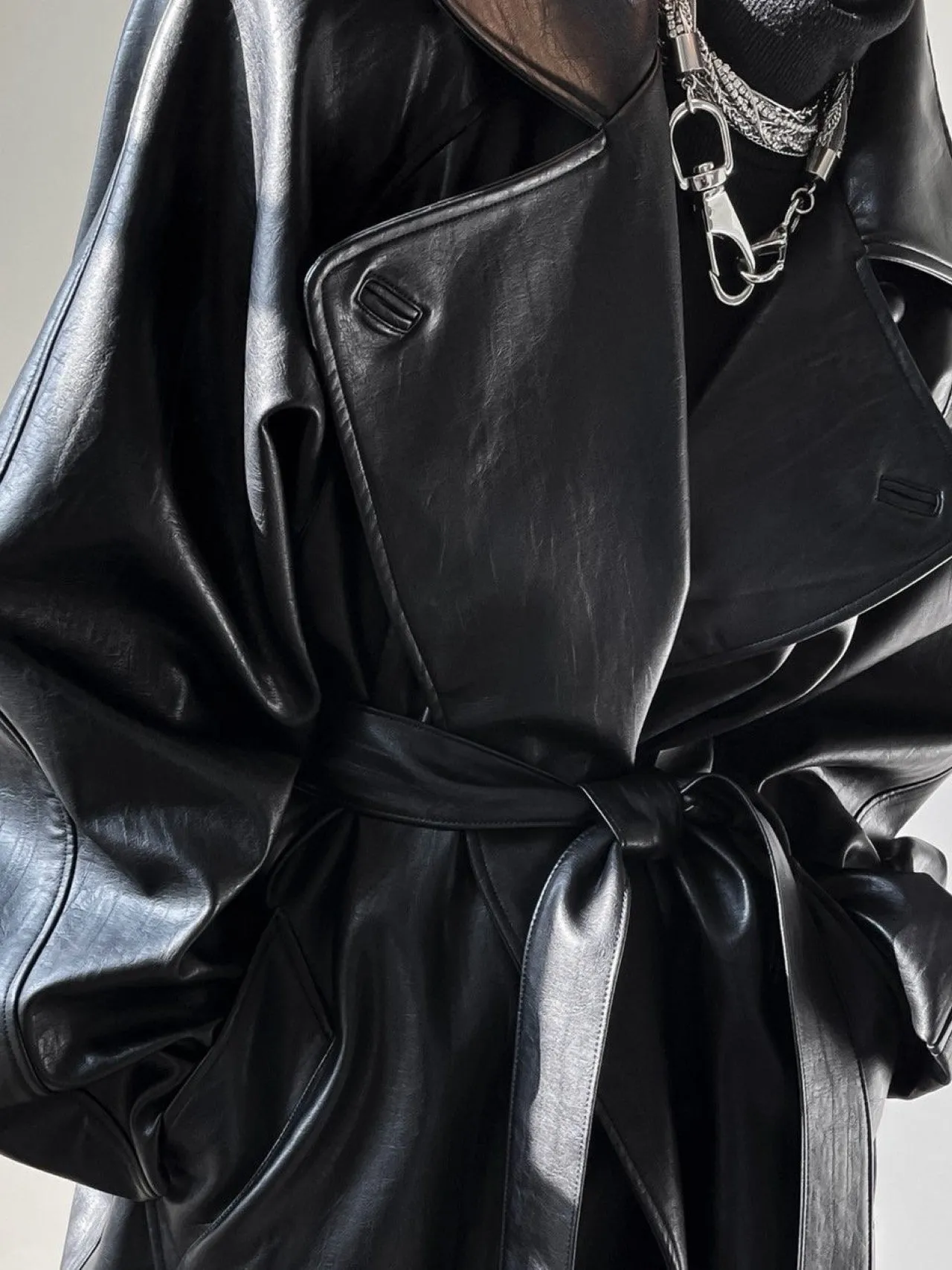 PADDED SHOULDER VEGAN LEATHER TRENCH COAT