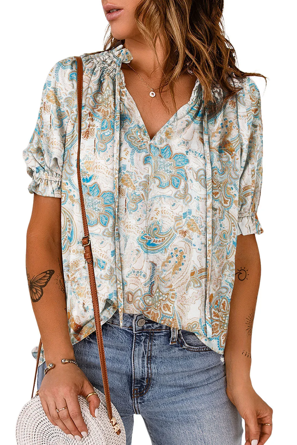 Paisley Pattern Print V Neck Blouse