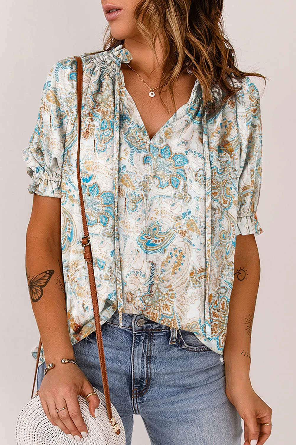 Paisley Pattern Print V Neck Blouse