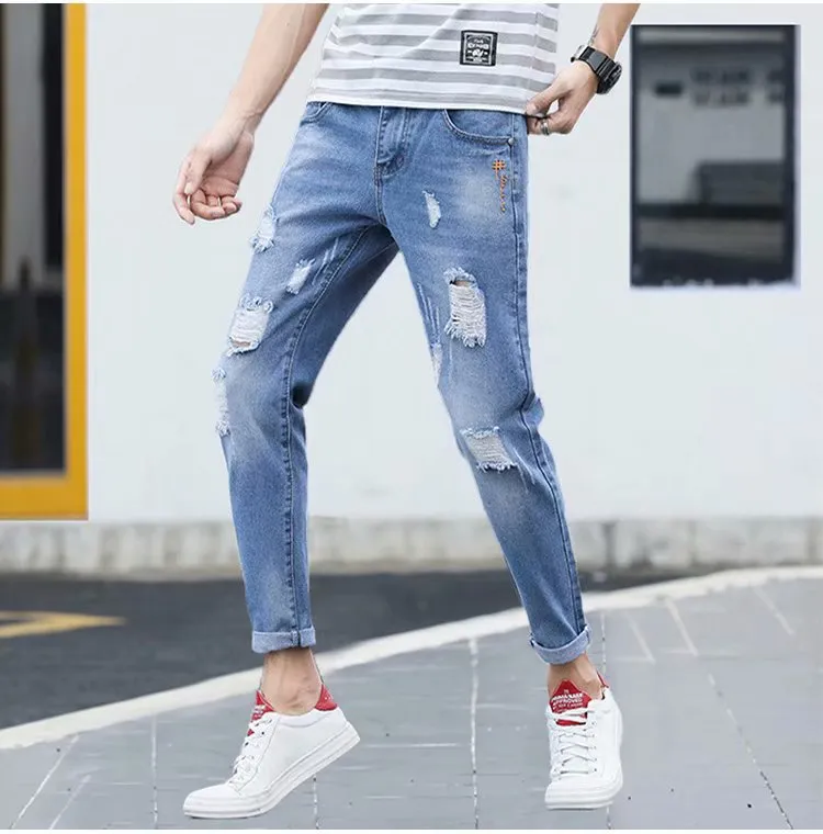 Ripped Denim Pants Slim Look Fit Summer Trendy All-Matching Pants