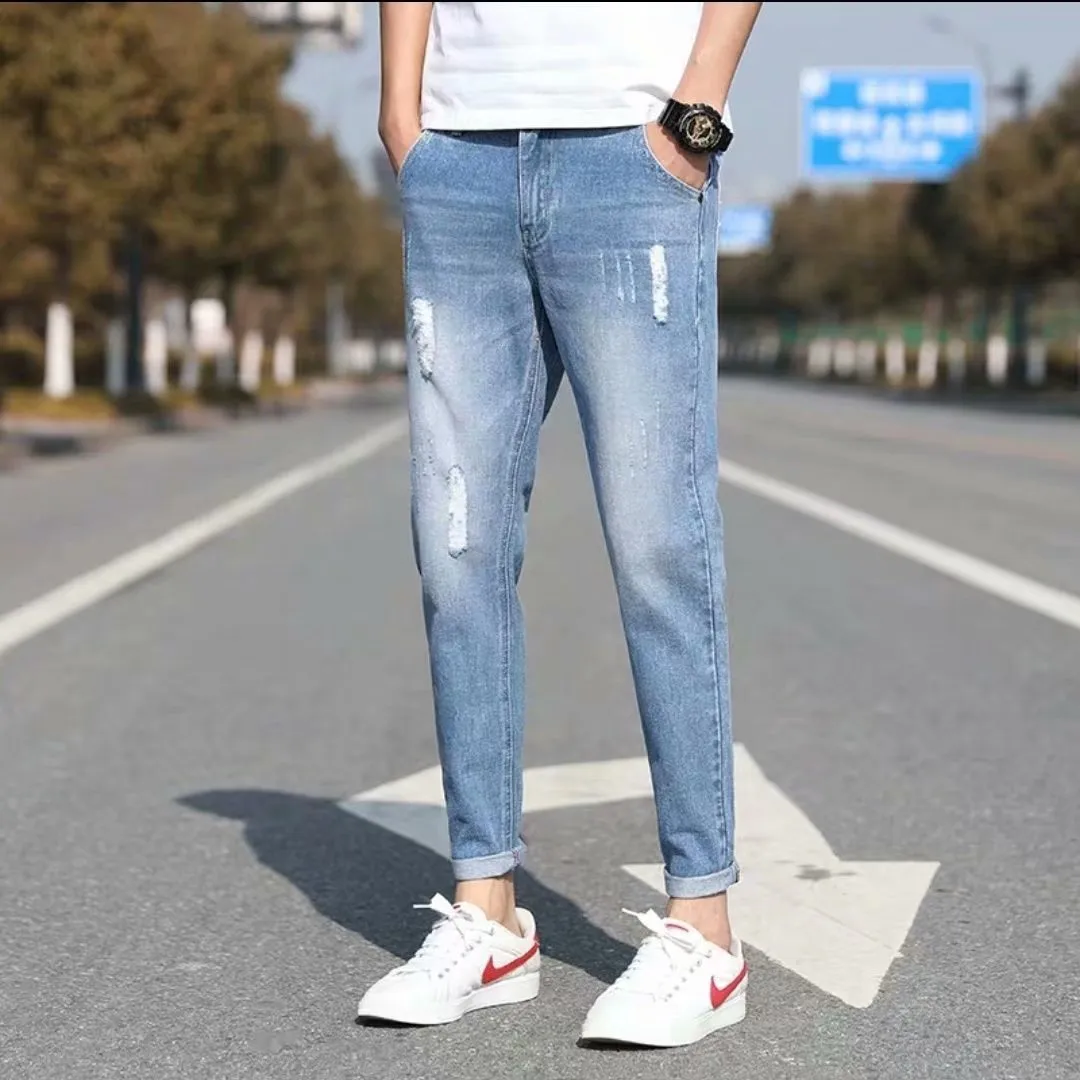 Ripped Denim Pants Slim Look Fit Summer Trendy All-Matching Pants