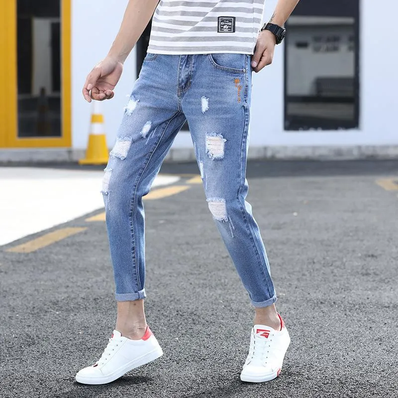 Ripped Denim Pants Slim Look Fit Summer Trendy All-Matching Pants