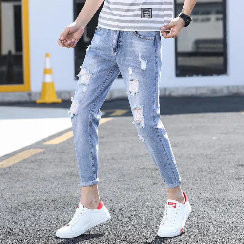 Ripped Denim Pants Slim Look Fit Summer Trendy All-Matching Pants