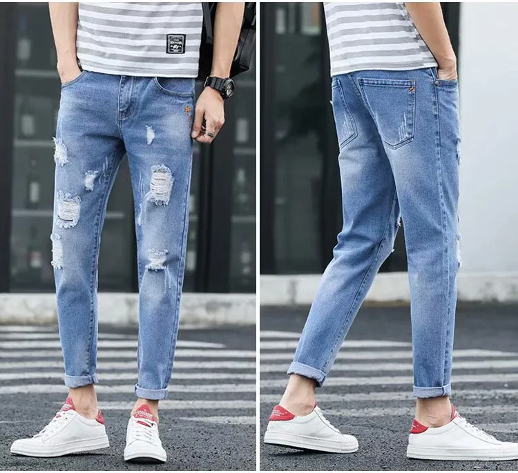 Ripped Denim Pants Slim Look Fit Summer Trendy All-Matching Pants