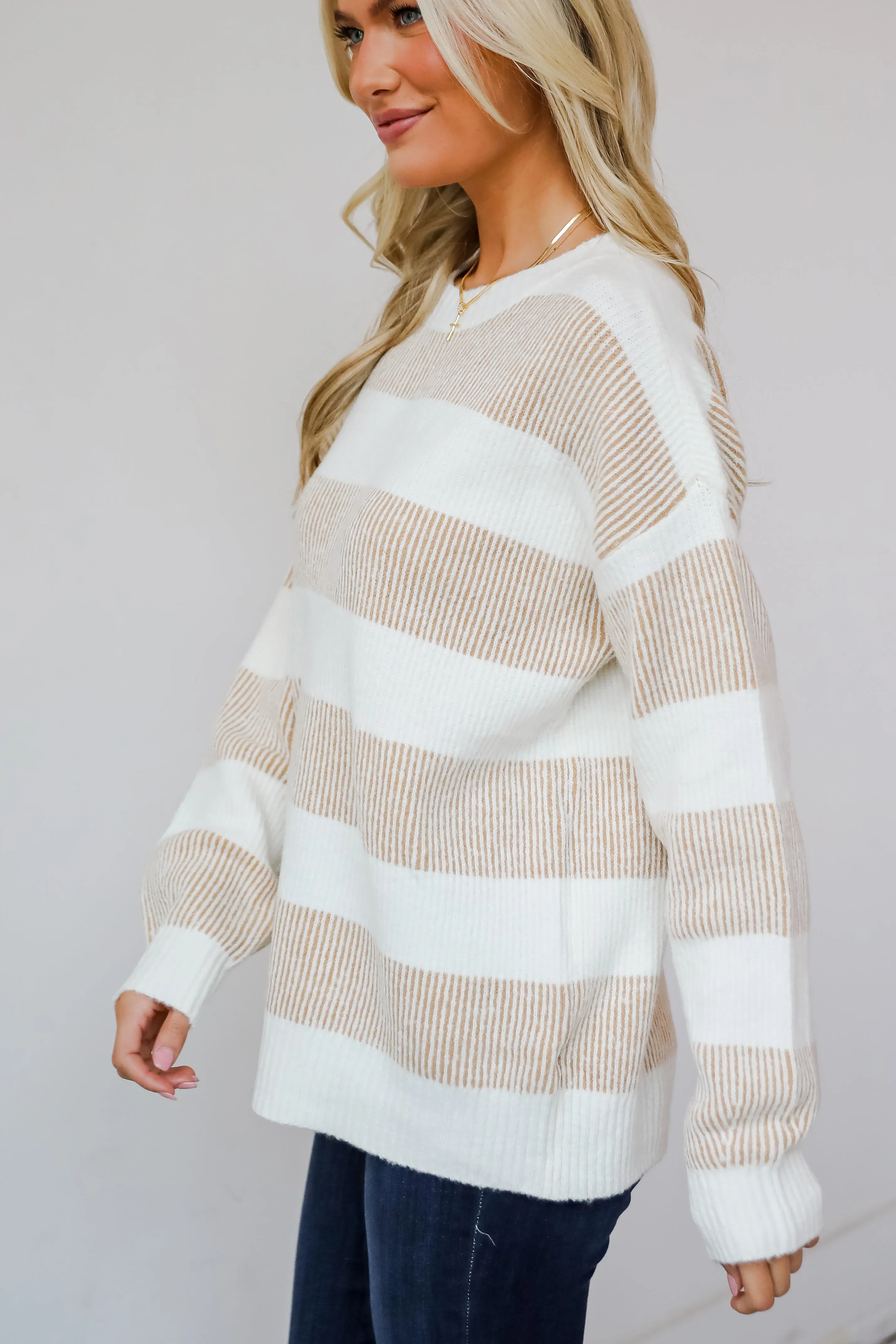 Seasonal Snuggles Taupe Striped Sweater - DOORBUSTER