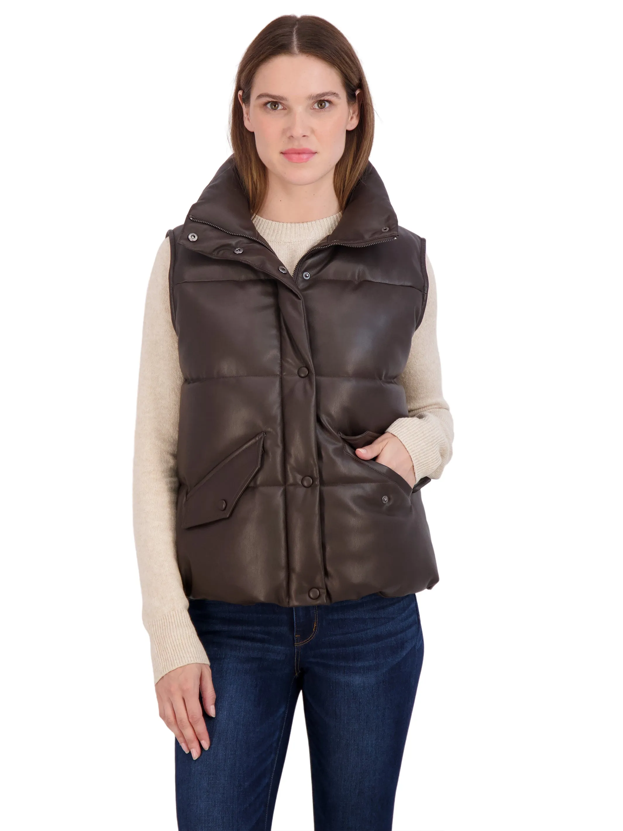 Sebby Collection Women's Faux Leather Puffer Vest