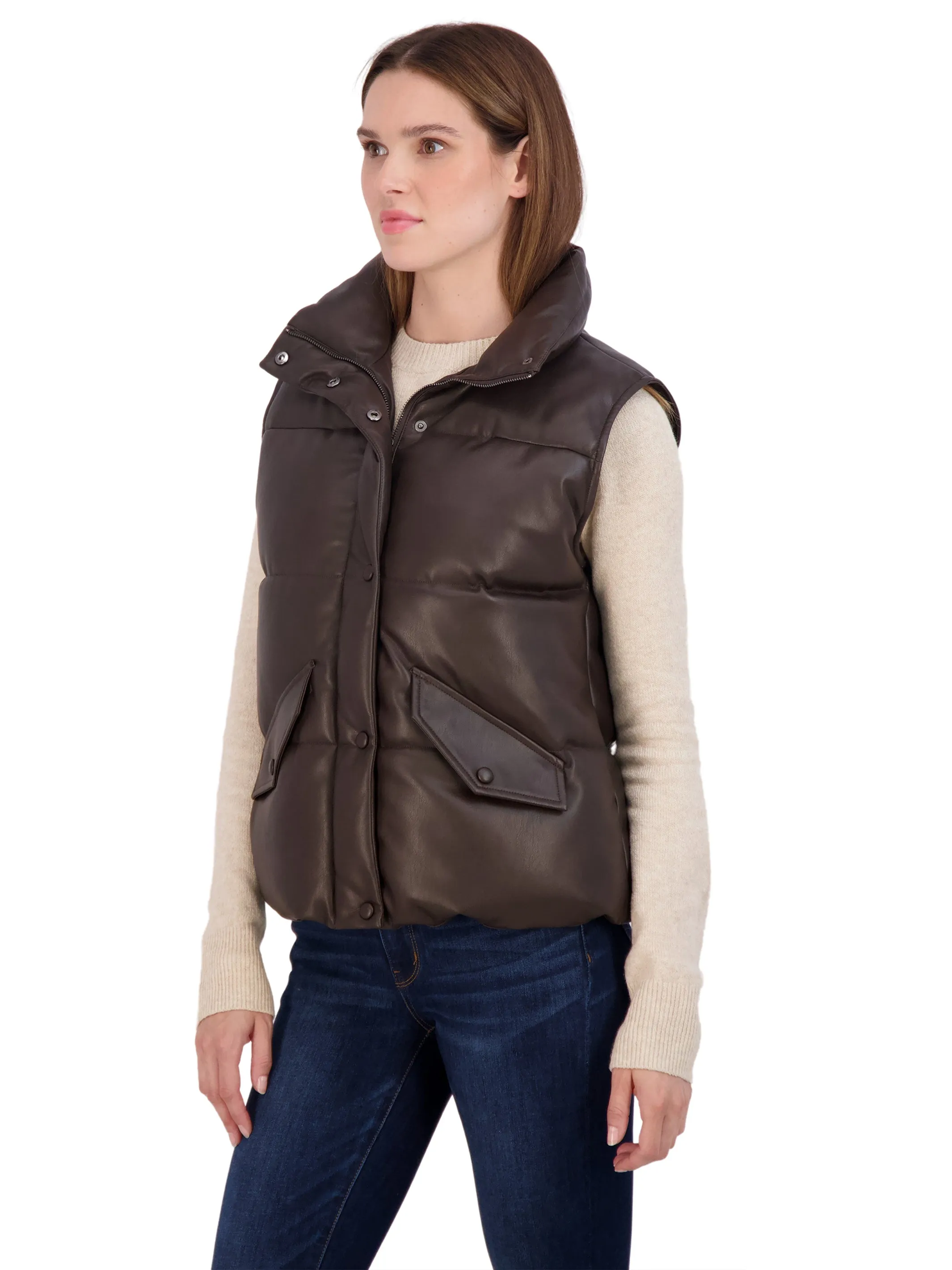 Sebby Collection Women's Faux Leather Puffer Vest