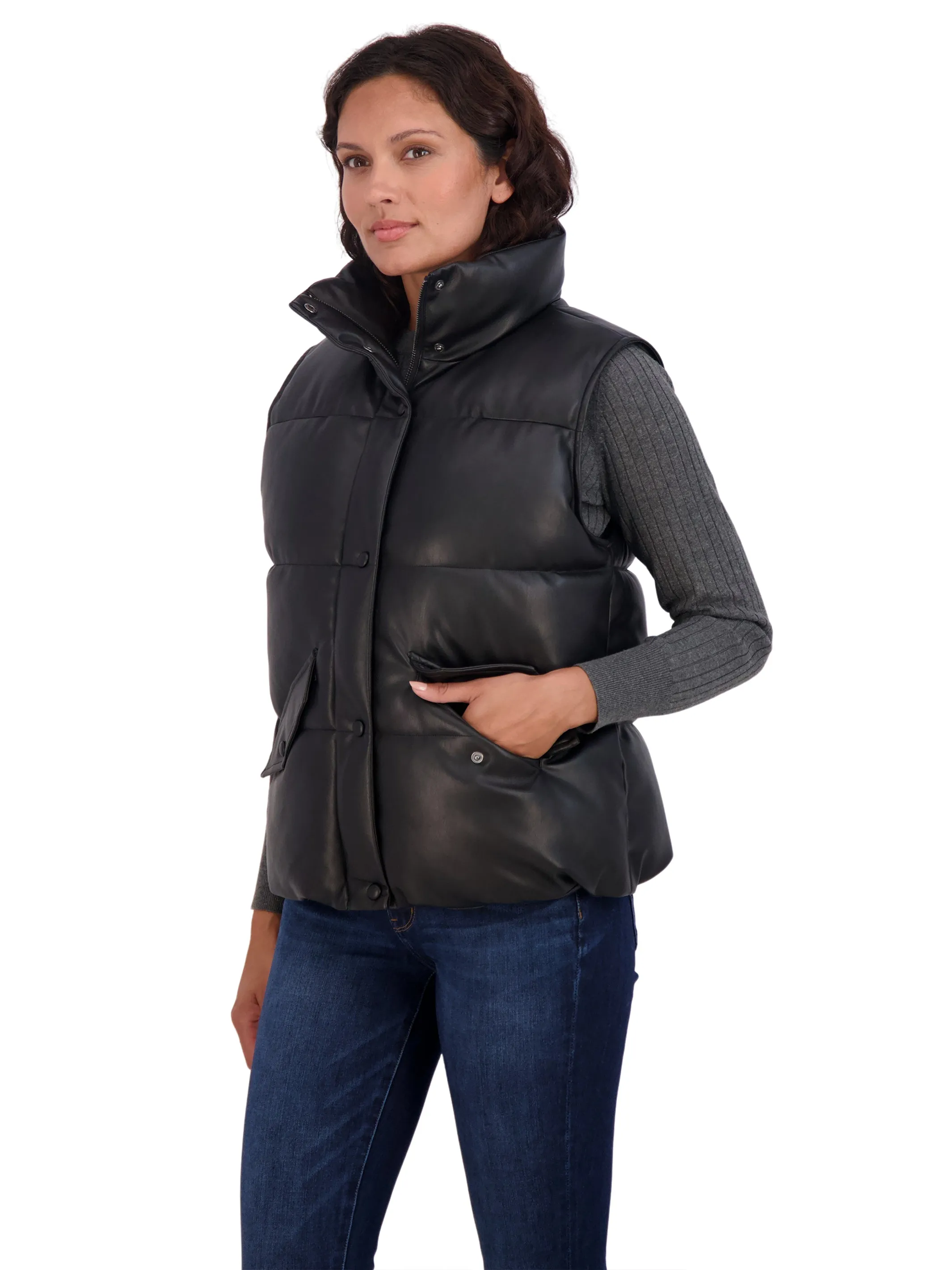 Sebby Collection Women's Faux Leather Puffer Vest