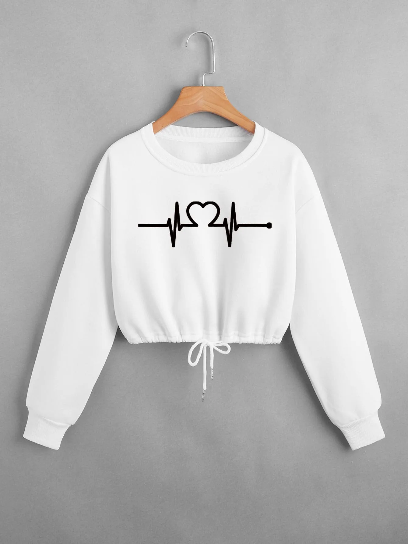 SHEIN EZwear Heart Graphic Drawstring Thermal Lined Crop Sweatshirt