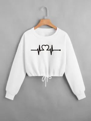 SHEIN EZwear Heart Graphic Drawstring Thermal Lined Crop Sweatshirt