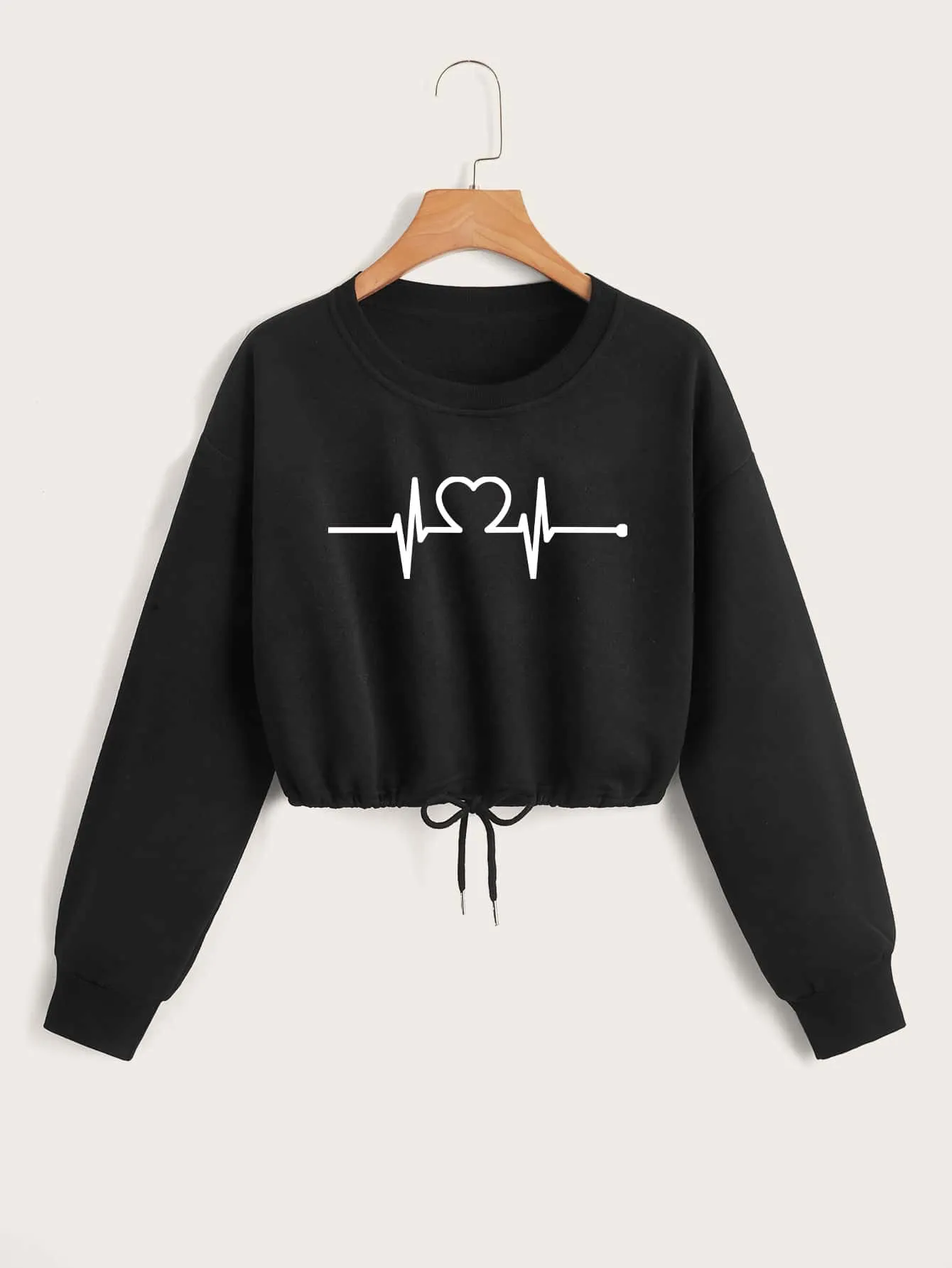 SHEIN EZwear Heart Graphic Drawstring Thermal Lined Crop Sweatshirt