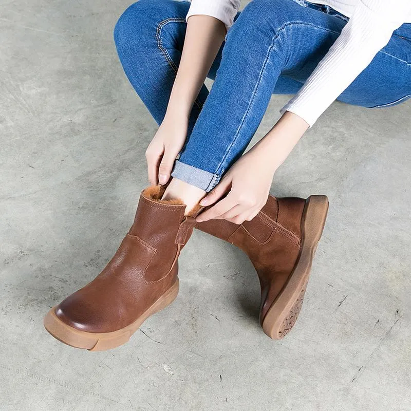 Side Zipper Chelsea Boots Waxing Leather Short Boots for Winter Black Fleece Lined/Coffee Fleece Lined