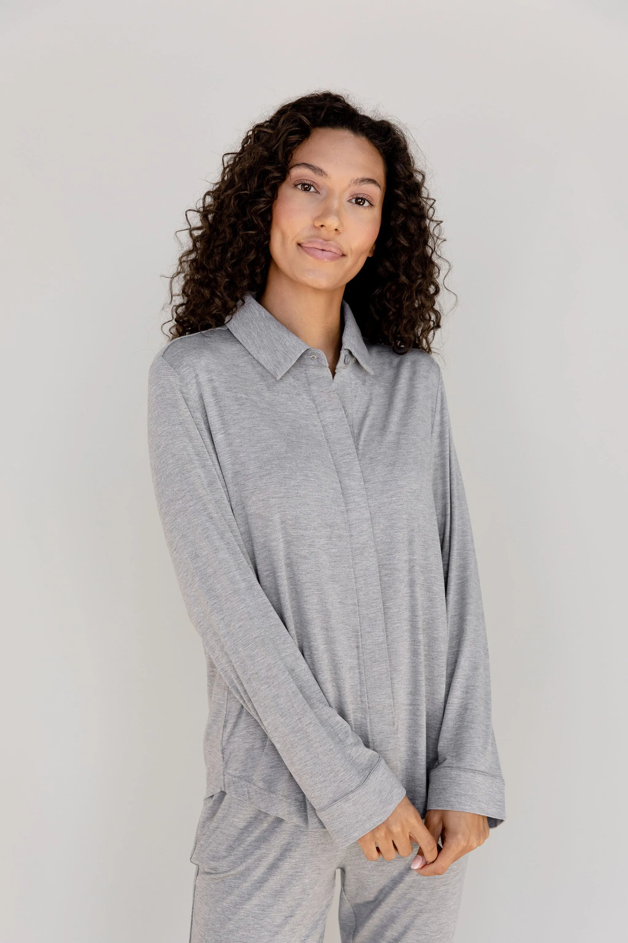 Stretch Knit Bamboo Collared Long Sleeve Button Down