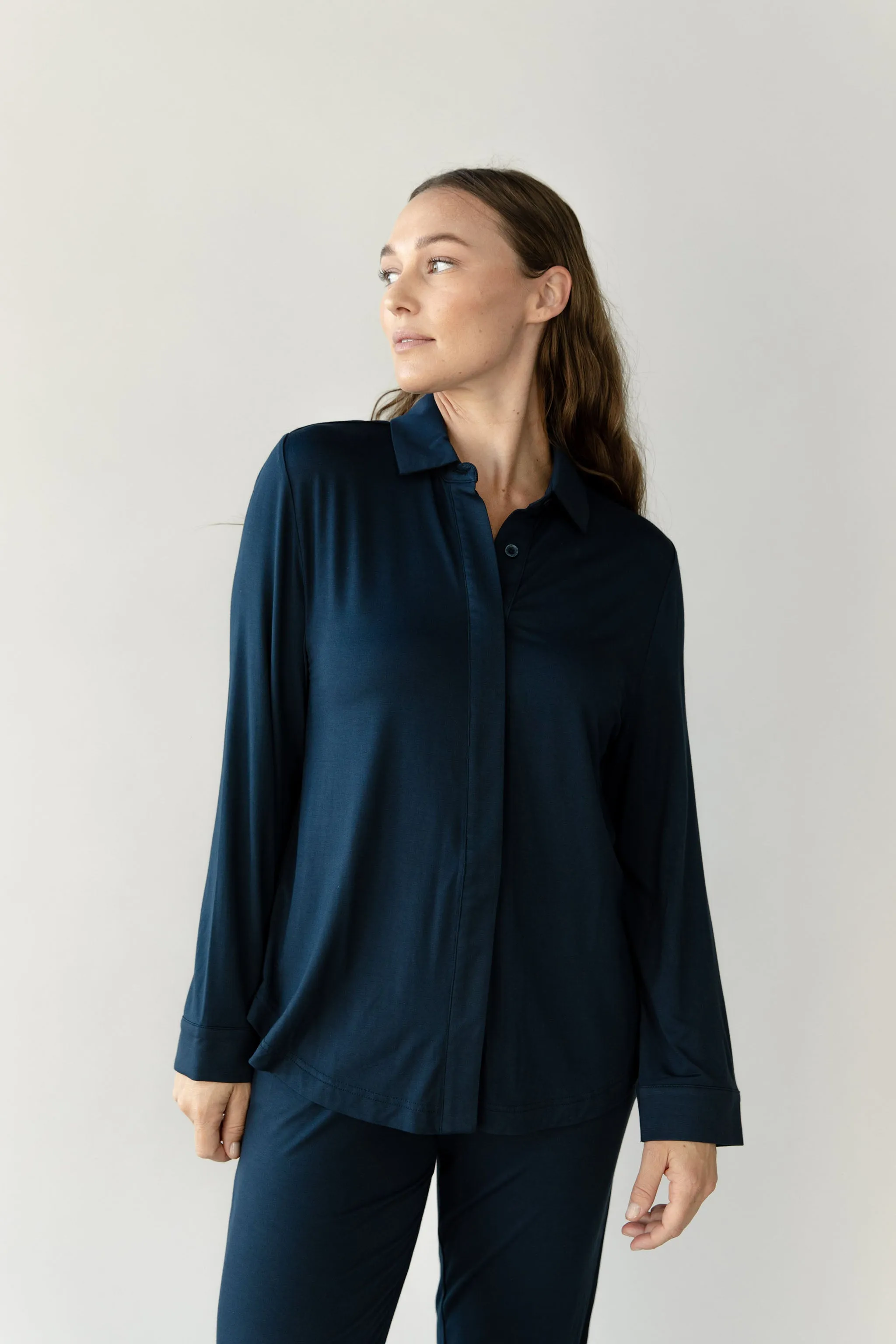 Stretch Knit Bamboo Collared Long Sleeve Button Down