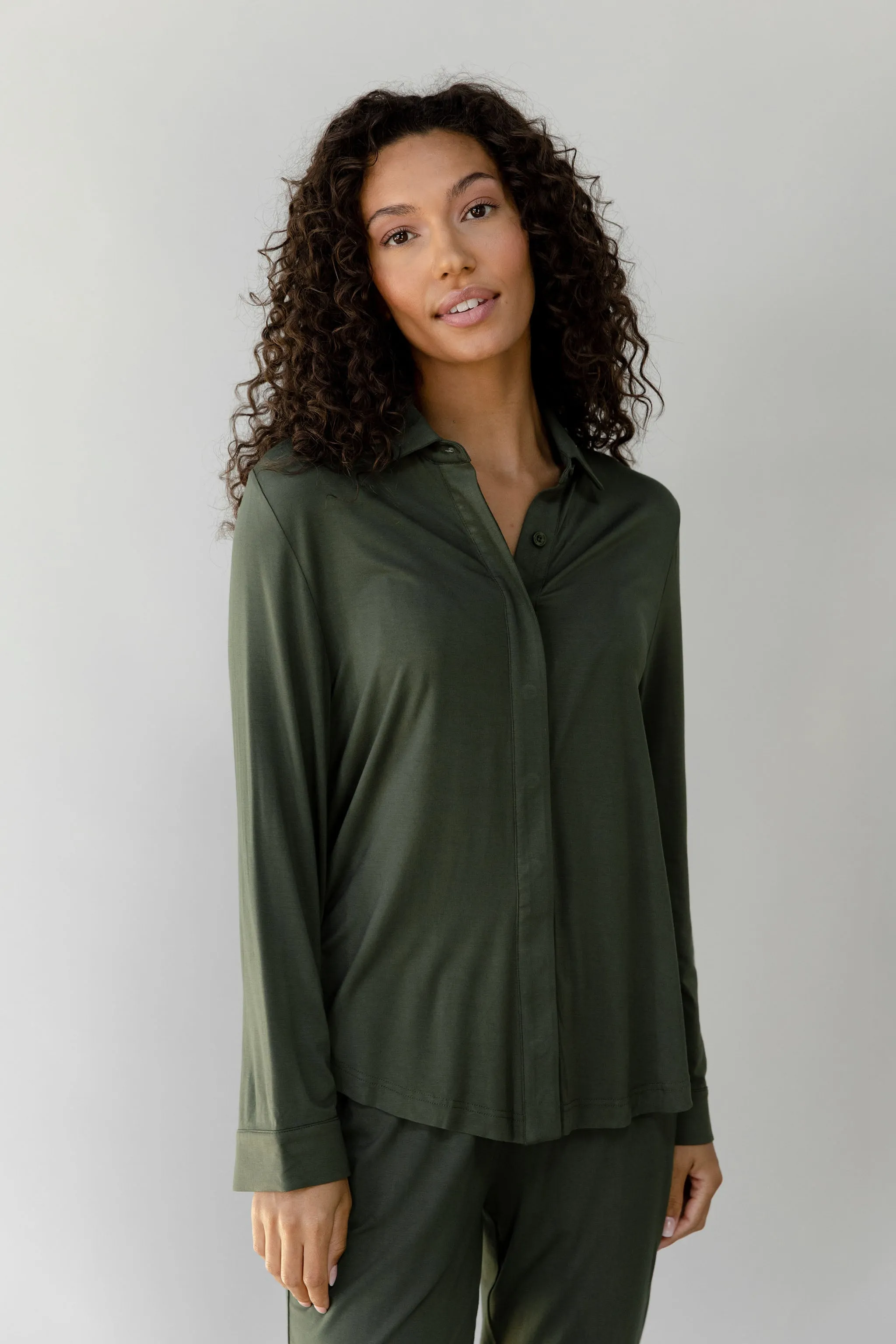 Stretch Knit Bamboo Collared Long Sleeve Button Down