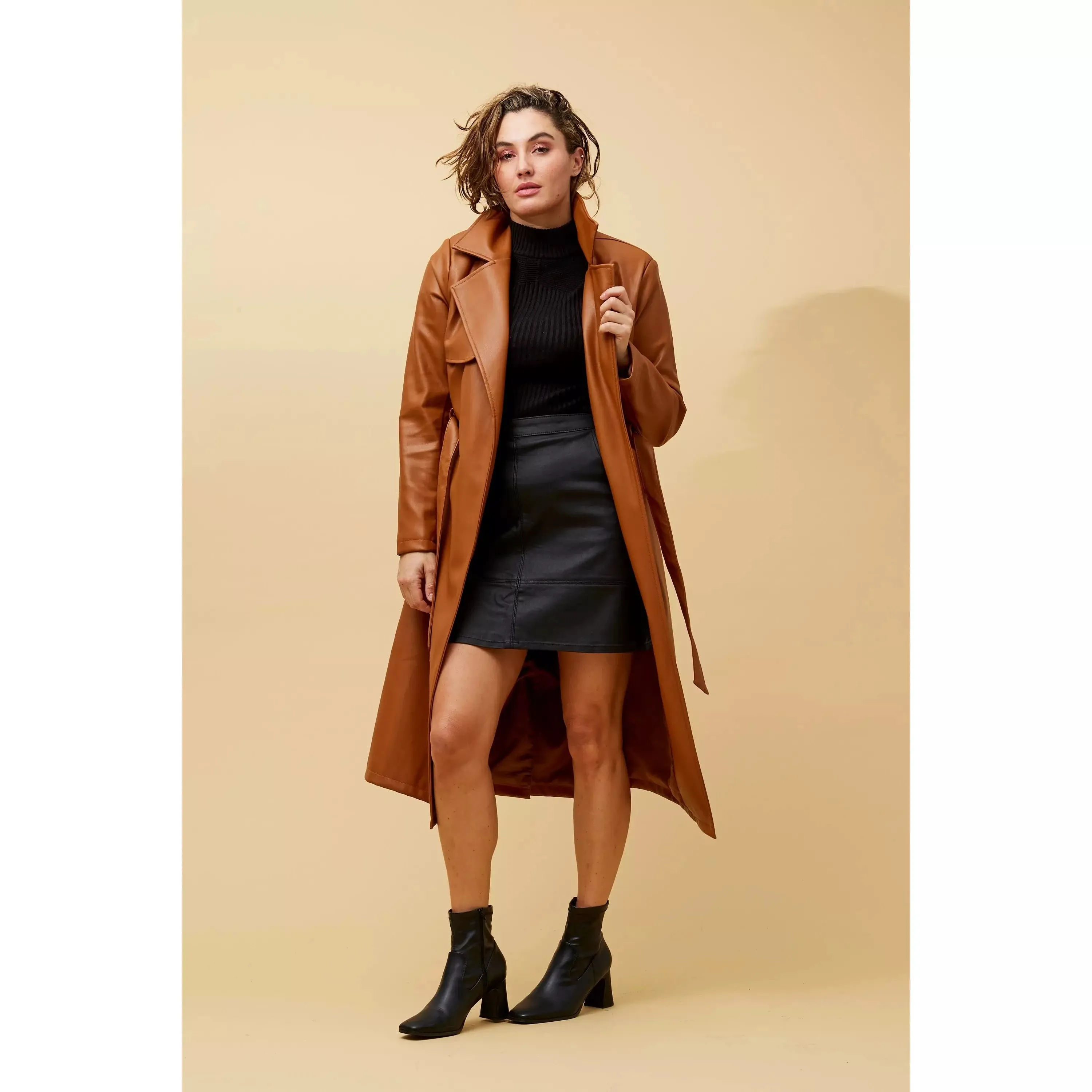 Vegan Leather Trench Coat - Toffee