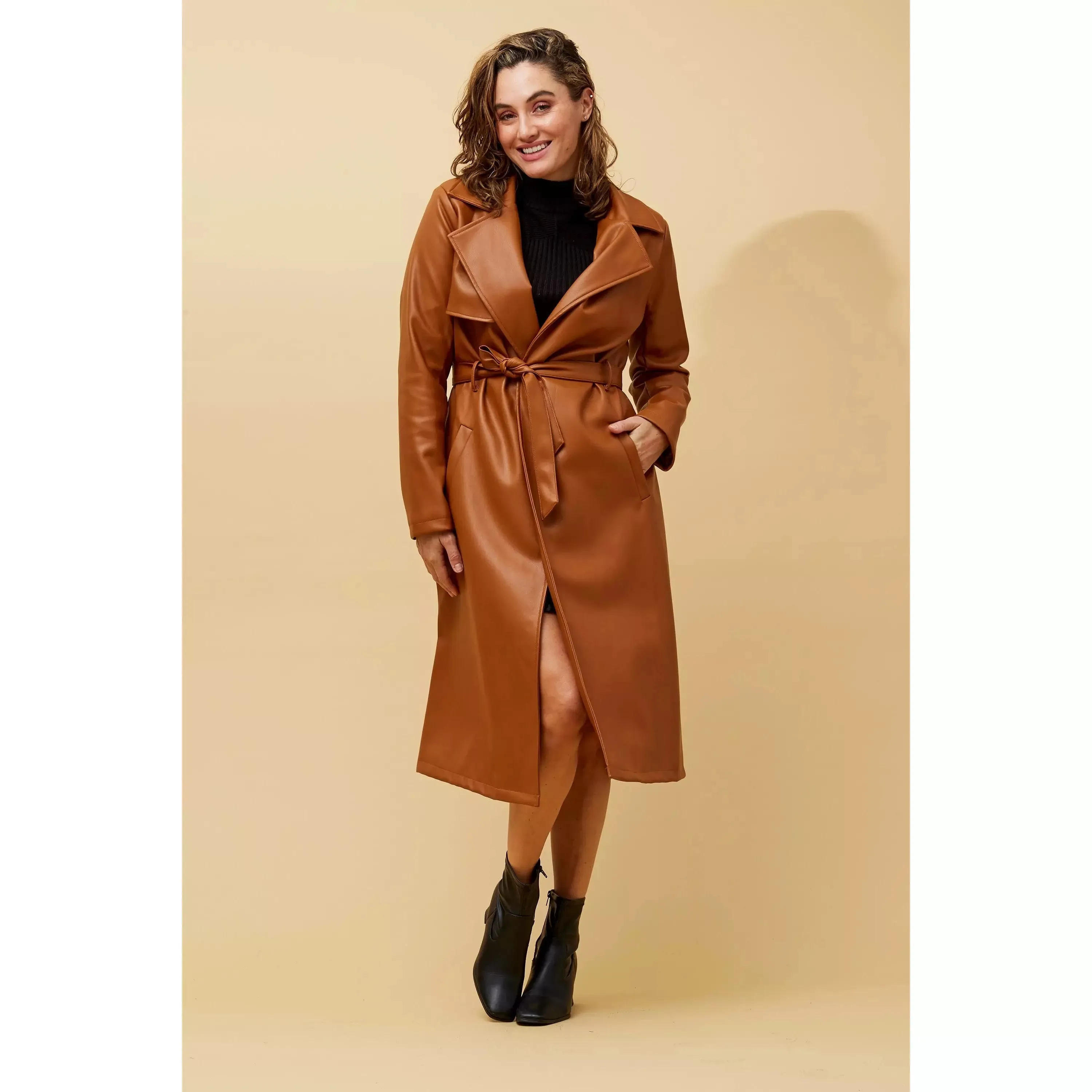 Vegan Leather Trench Coat - Toffee