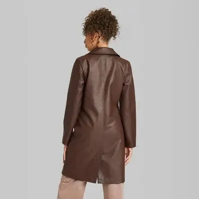 Wild Fable Women's Button Up Winter Faux Leather Trench Coat Jacket