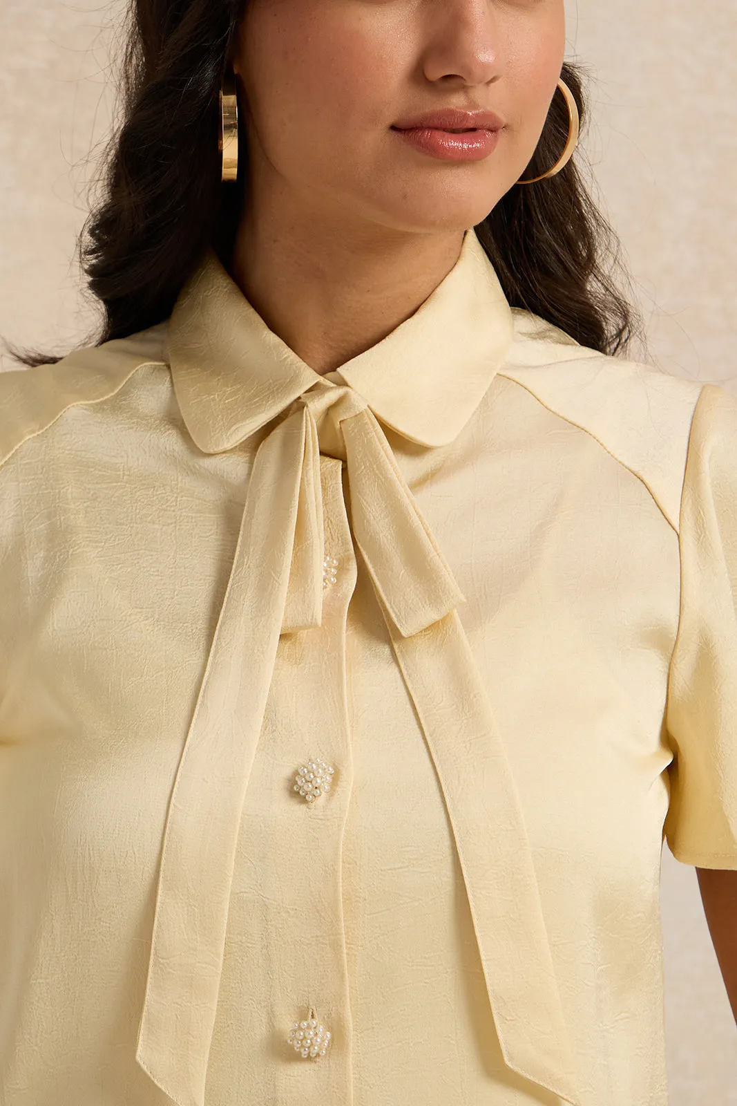 Women Beige Embellished Tie Up Blouse