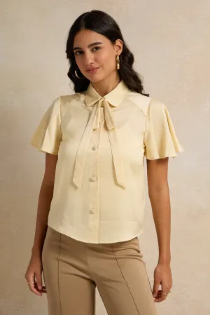 Women Beige Embellished Tie Up Blouse