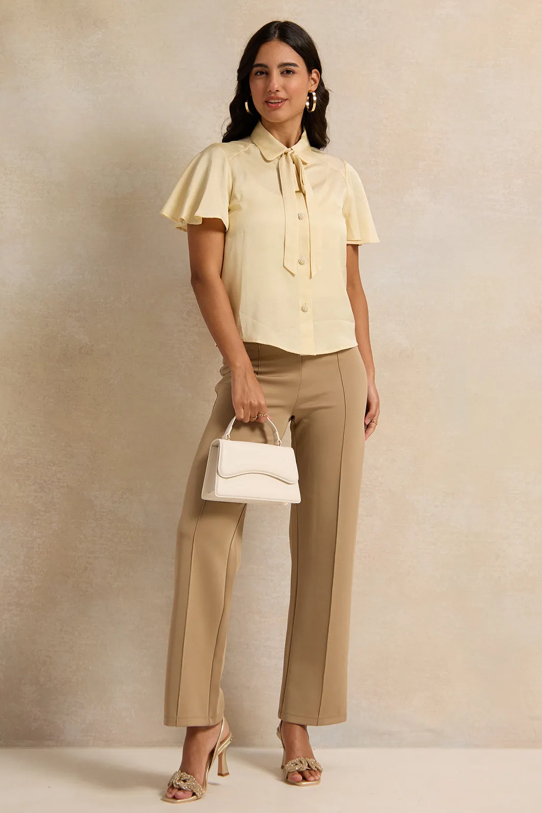 Women Beige Embellished Tie Up Blouse