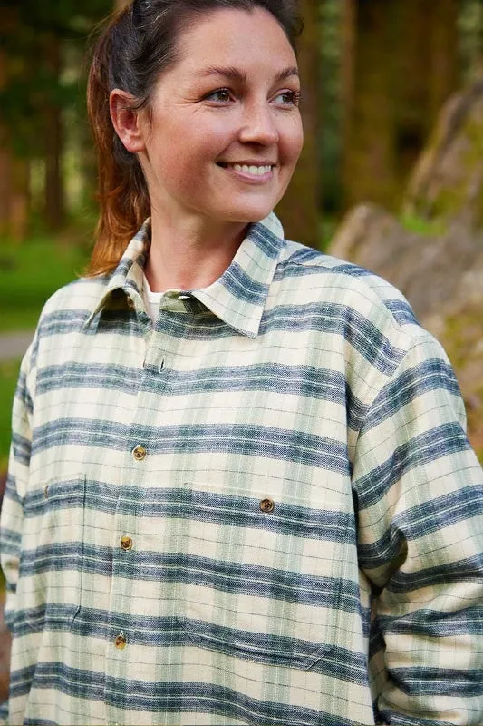 Women Collar Fleece Lined Flannel Shirt - Ecru, Green and Navy Check - Lee Valley