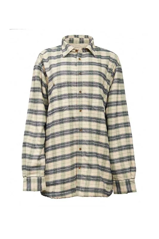 Women Collar Fleece Lined Flannel Shirt - Ecru, Green and Navy Check - Lee Valley