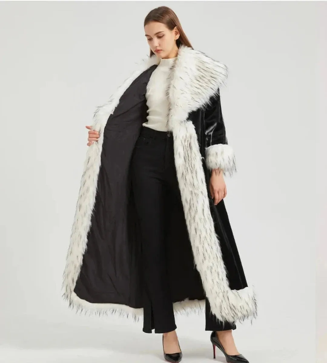 Women's Faux Fur Trim Patent Leather Trench Coat