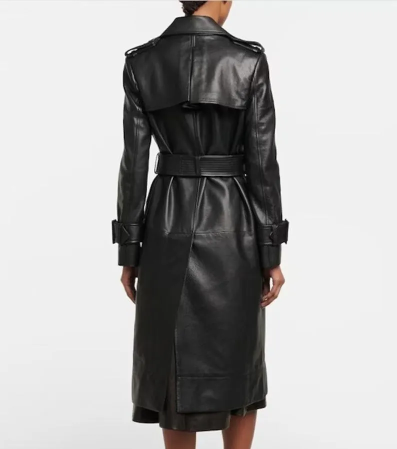 Women's Genuine Sheepskin Leather Trench Coat with Waist Belt