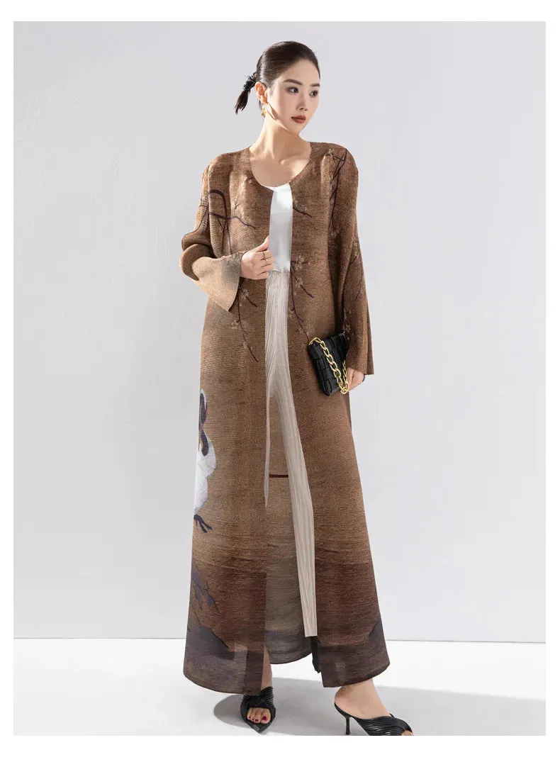 Women's Good Luck Cranes Brown Pleated Long Coat