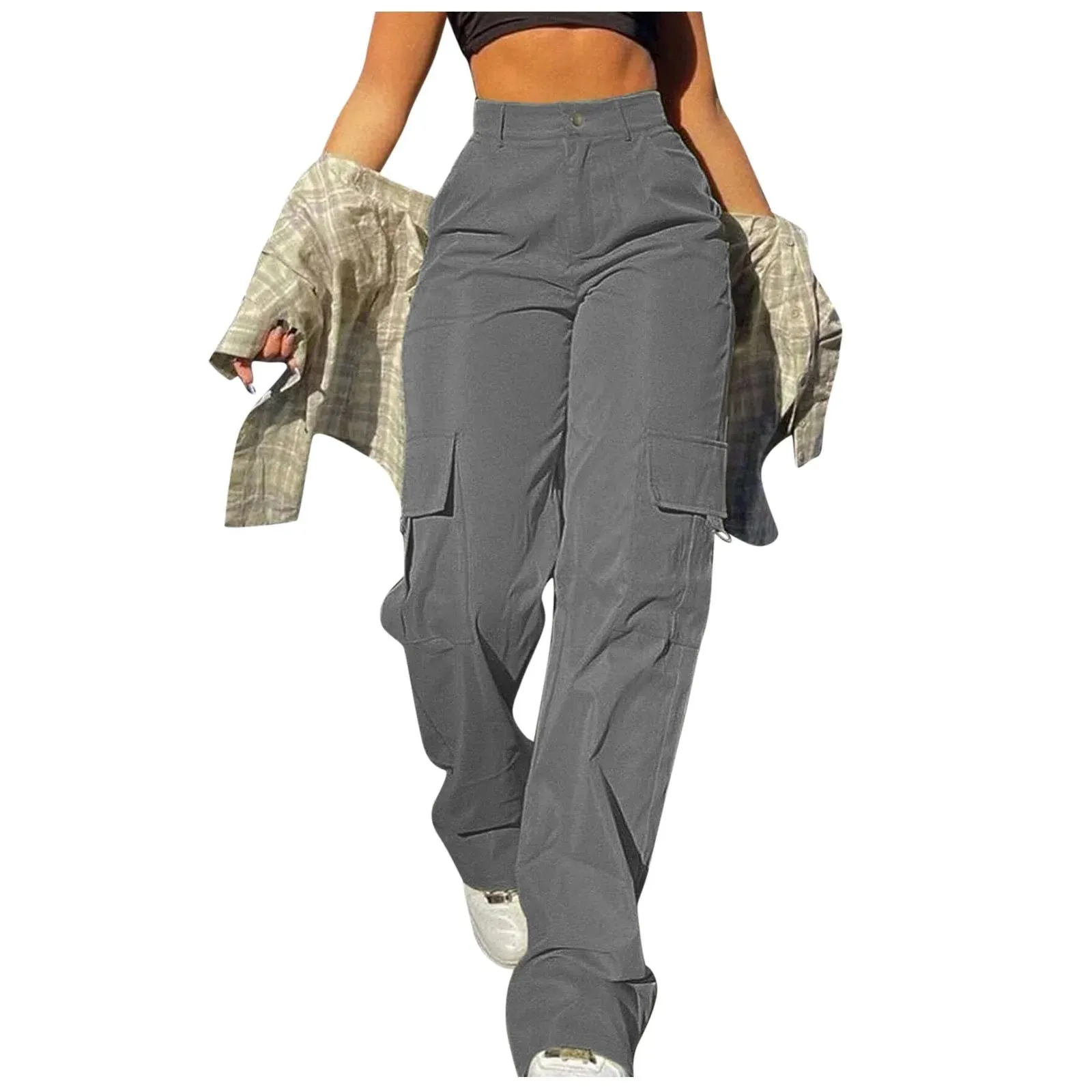 Women's High Waisted Wide Leg Twill Pants Casual Straight Chinos