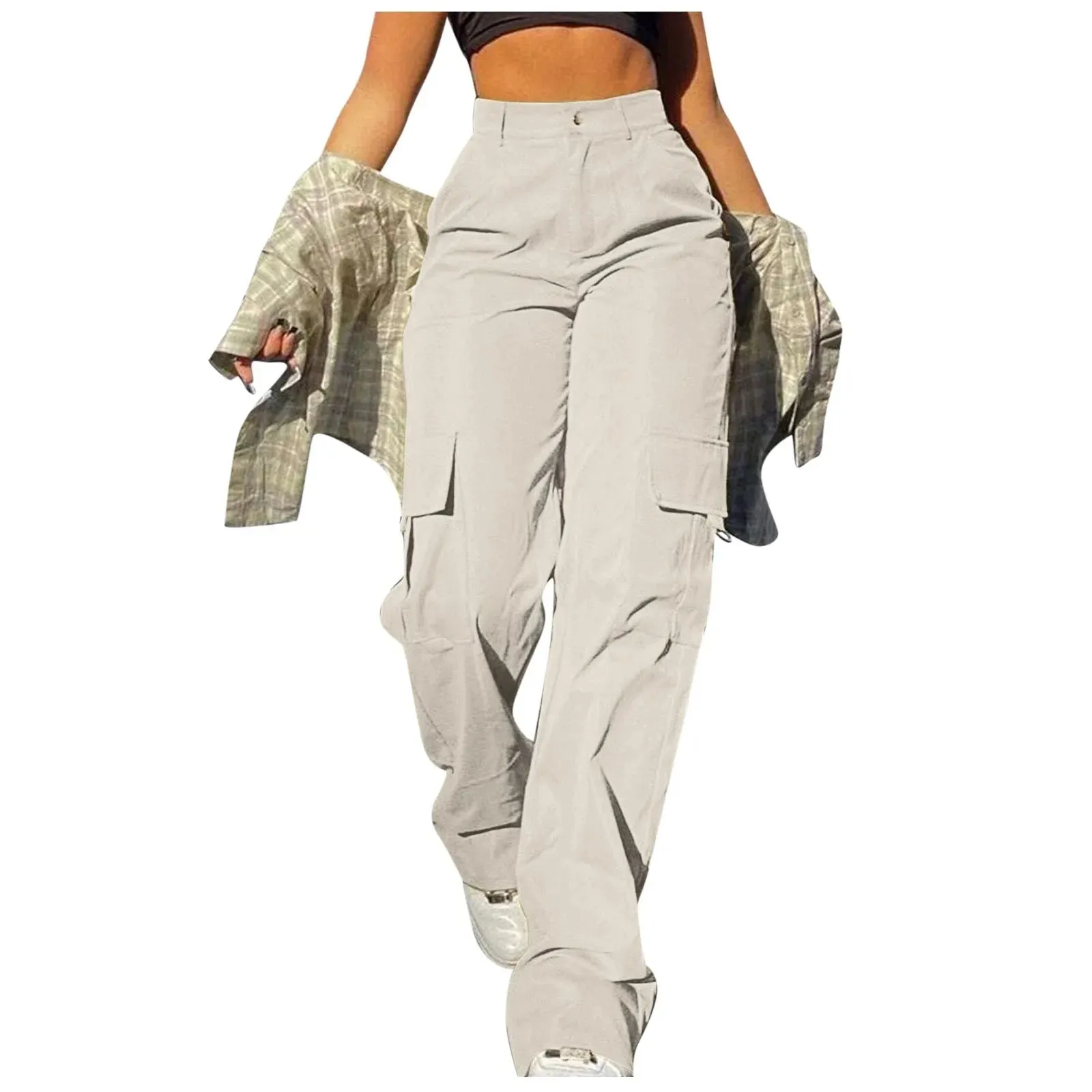 Women's High Waisted Wide Leg Twill Pants Casual Straight Chinos