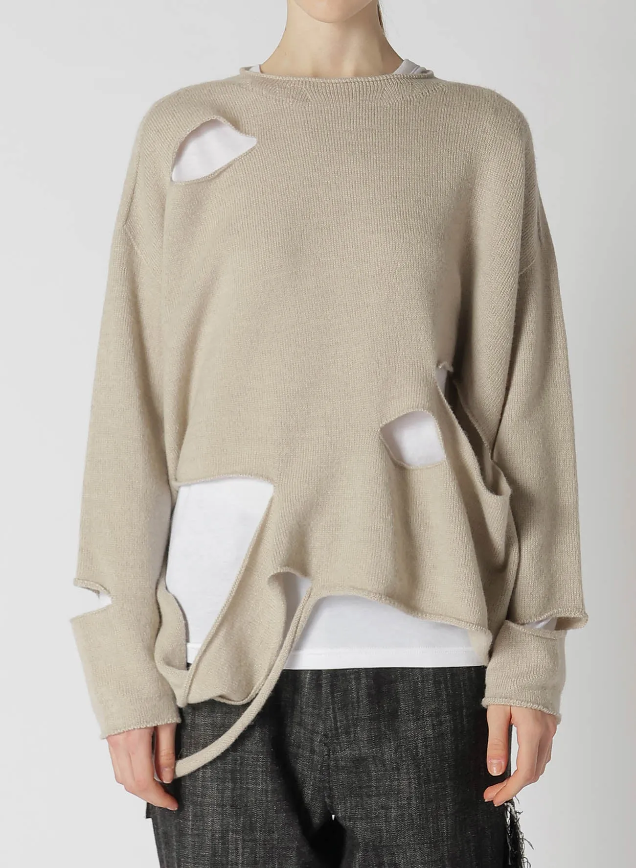 WOOL BLEND JERSEY ROUND NECK HOLED PULLOVER