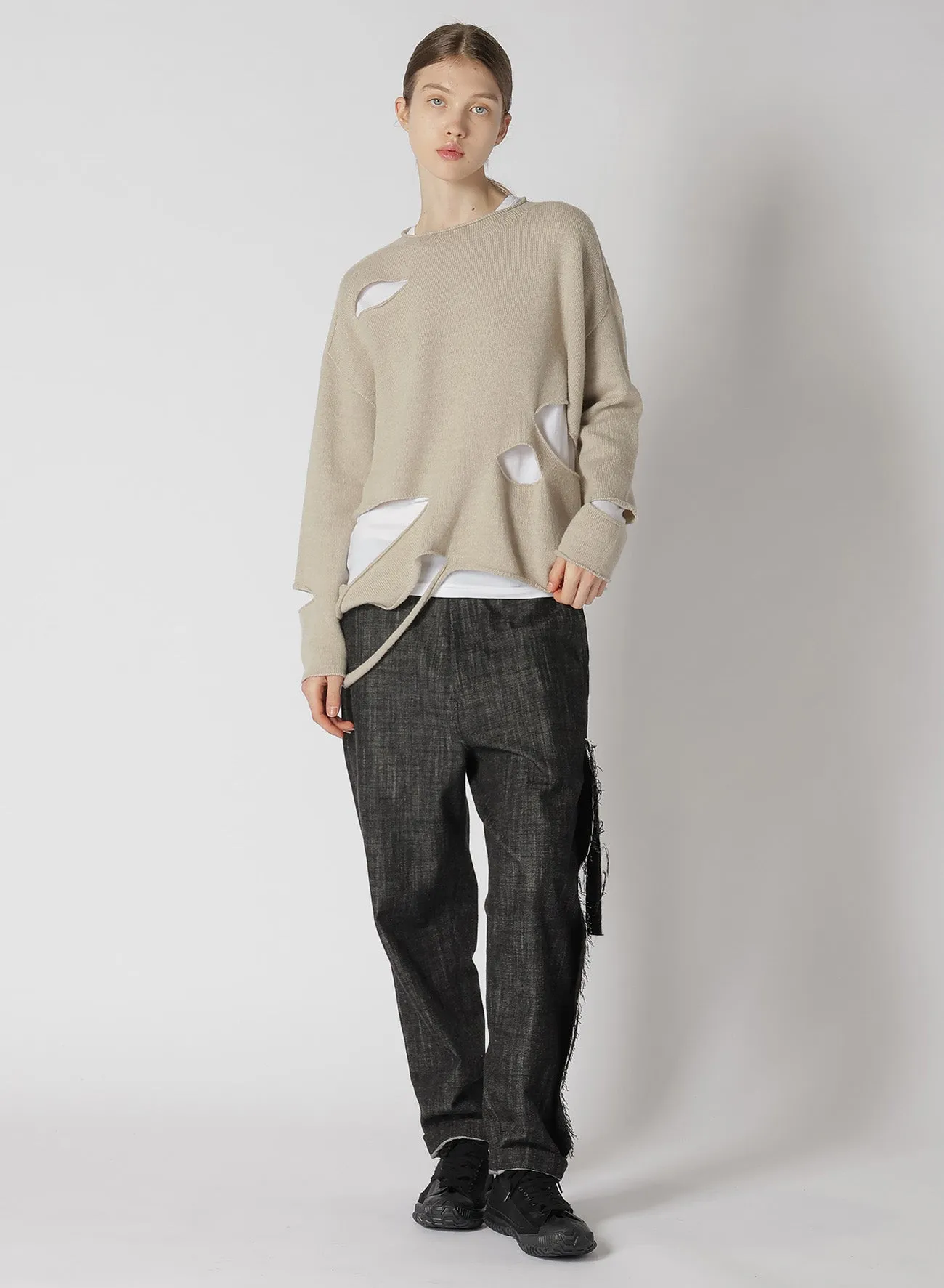 WOOL BLEND JERSEY ROUND NECK HOLED PULLOVER