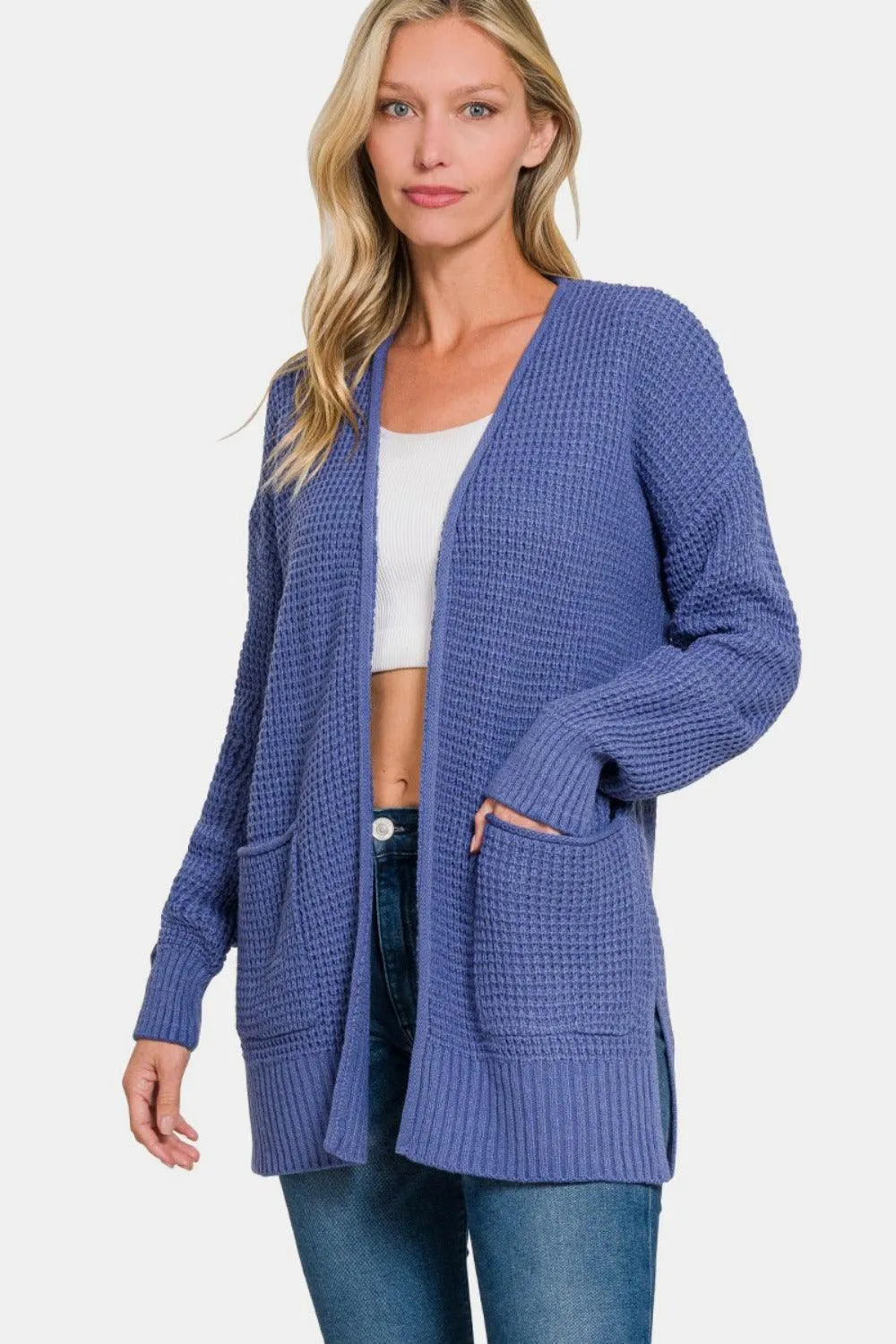 Zenana US Cardigan Waffle Open Front Sweater Long Sleeve Pocketed